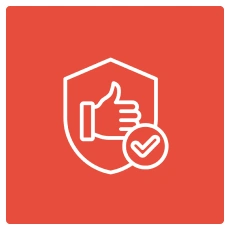 White thumbs-up and checkmark inside a shield on a red background.