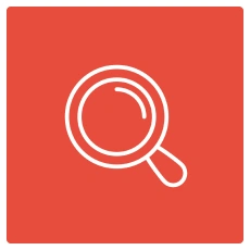 White magnifying glass icon on a red background.