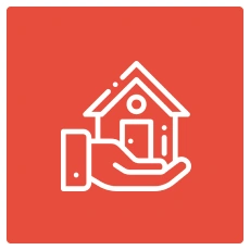 Icon of a hand holding a house on a red background.